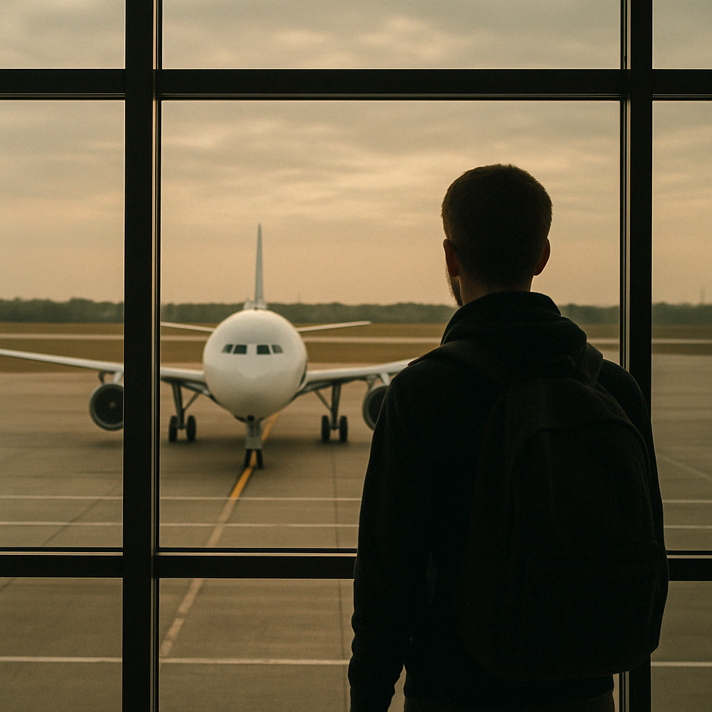 활주로 위에 멈춰 선 비행기를 바라보는 공항 풍경으로&amp;#44; 해외 출국 전 대기 중인 분위기를 표현한 이미지입니다.