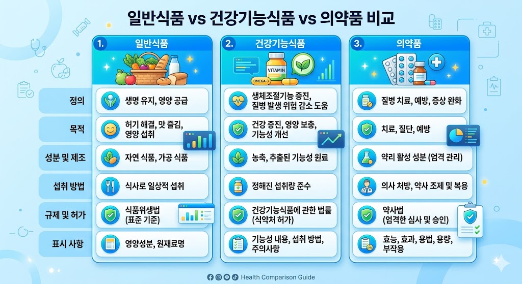 [이미지 삽입: 일반식품 vs 건강기능식품 vs 의약품 비교 이미지]