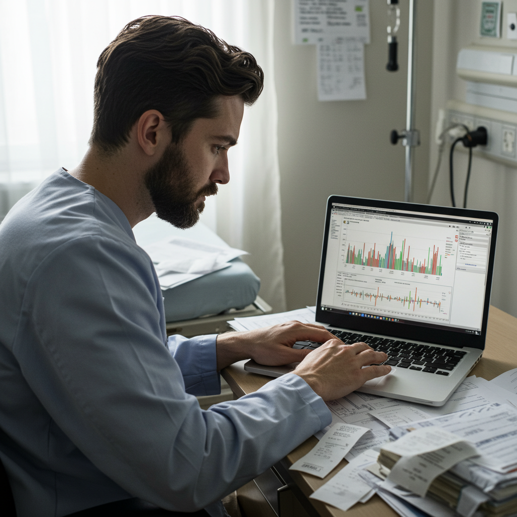 병실에 앉아 노트북으로 복잡한 계산 그래프를 들여다보는 사람의 모습. 옆에는 의료비 영수증과 서류 더미가 쌓여 있다.