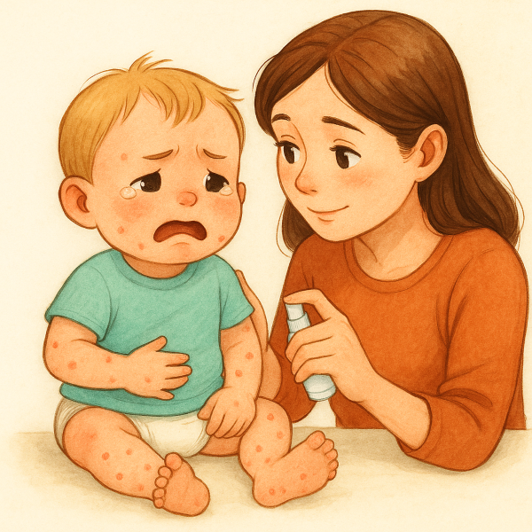 수족구병으로 발진이 난 아기를 달래며 연고를 준비하는 엄마의 모습. 손발과 얼굴에 붉은 반점이 있는 유아 일러스트.