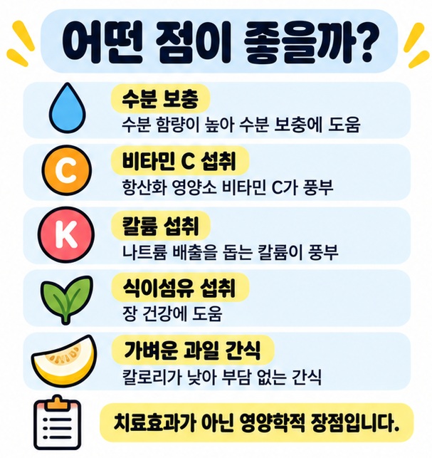 참외가 수분과 비타민 C, 칼륨, 식이섬유를 제공해 여름철 과일 간식으로 활용하기 좋음을 정리한 카드