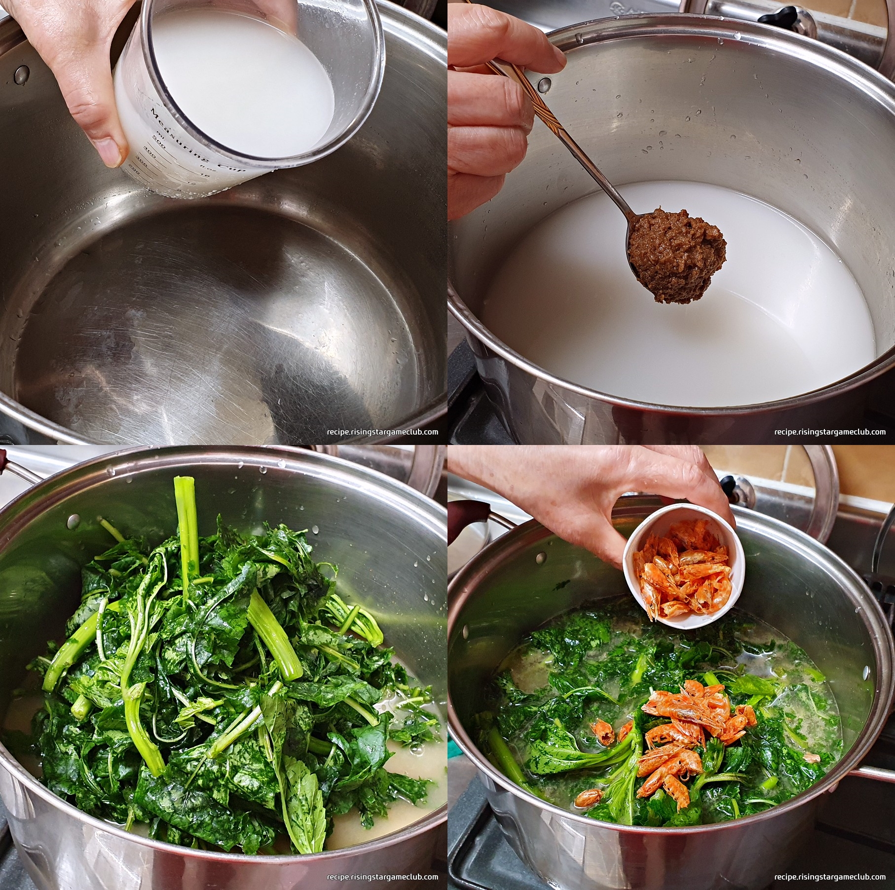 아욱 된장국을 끓이기 위해서 냄비에 쌀뜬물과 된장과 아욱과 건새우를 넣는 사진