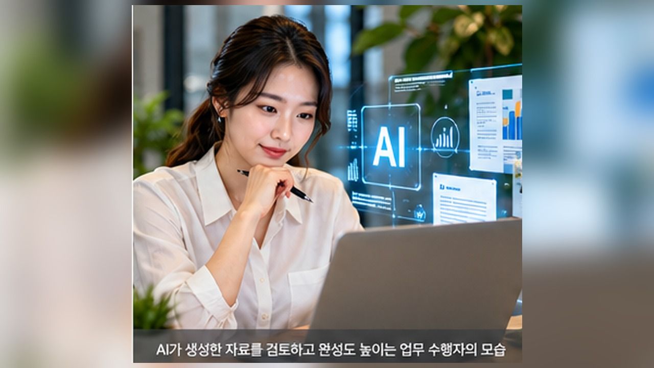 AI가 작성한 자료를 검토하고 수정하는 여성 업무 수행자
