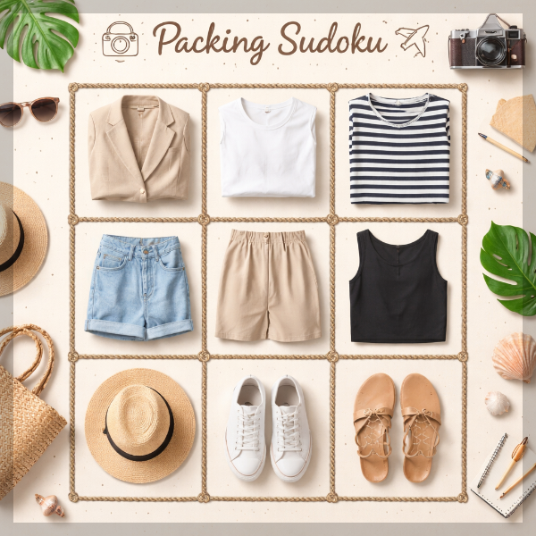 Sudoku travel packing example showing a 3x3 grid of clothing and shoes for mix-and-match travel outfits