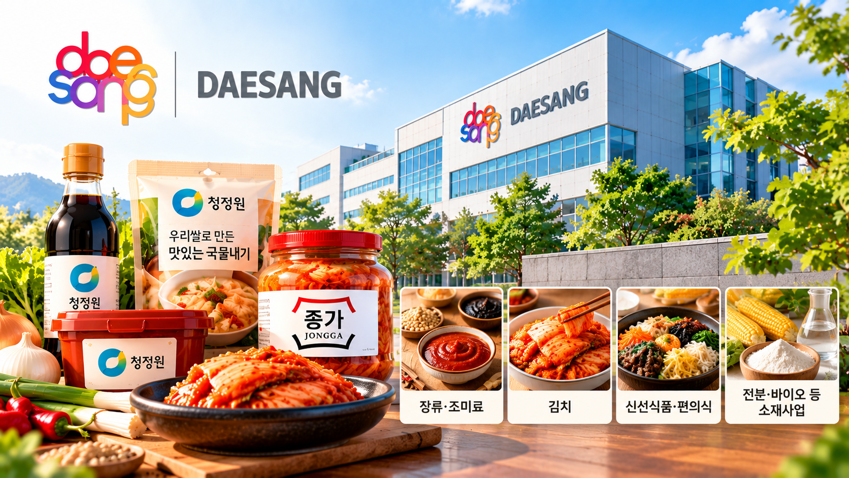 대상 본사와 청정원&middot;종가 제품, 장류&middot;조미료&middot;김치&middot;신선식품&middot;소재사업을 표현한 이미지