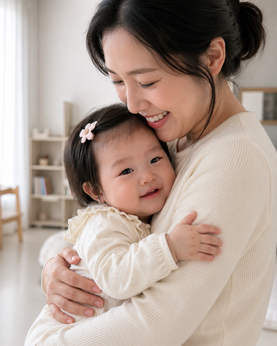 아기를 품에 안고 안심한 미소를 짓는 한국 엄마와 12개월 여자아기