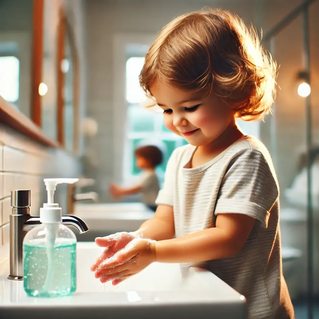 세정제로 손을 씻고 있는 아이