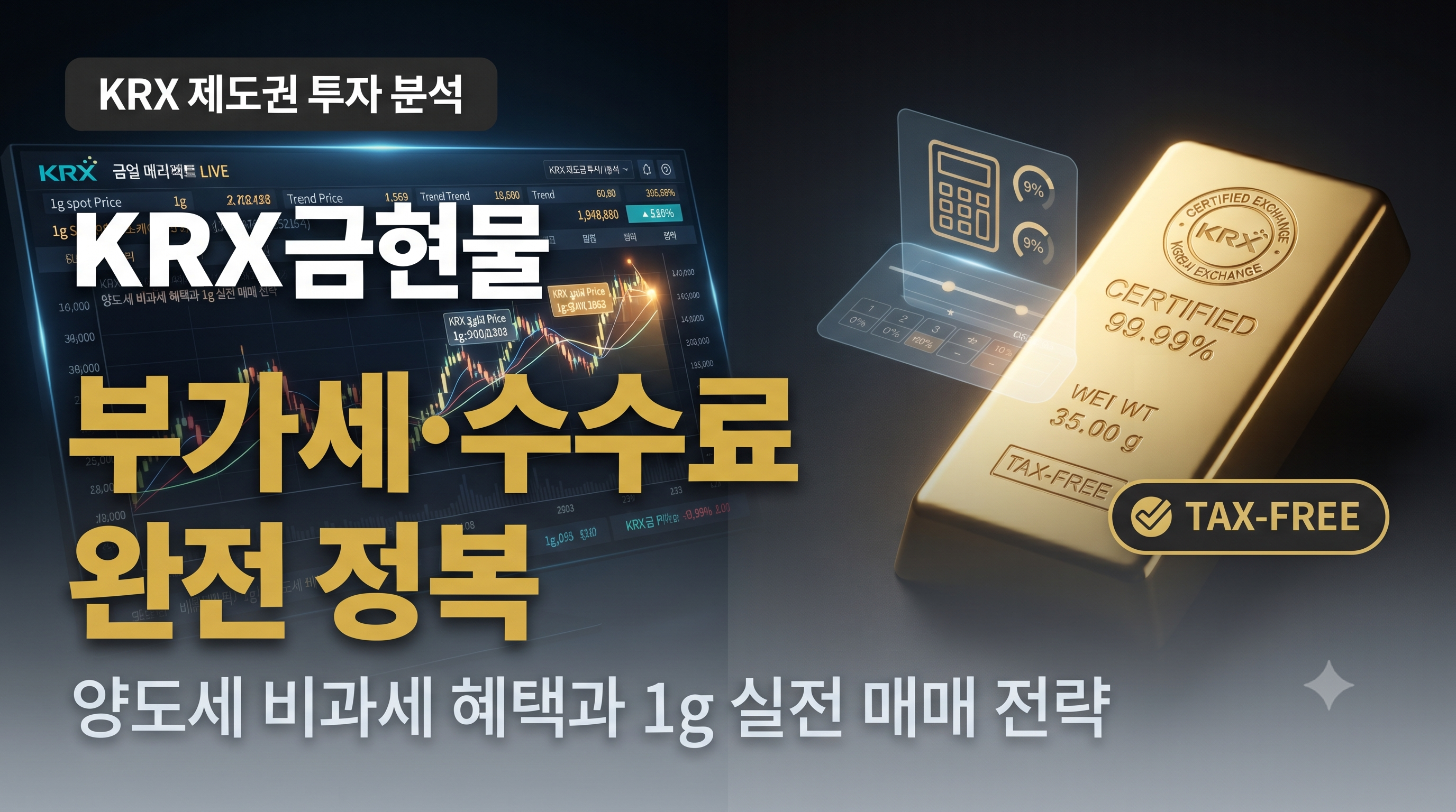 KRX금현물 거래소 시세판과 실물 골드바, 부가가치세 및 수수료 구조 분석 인포그래픽