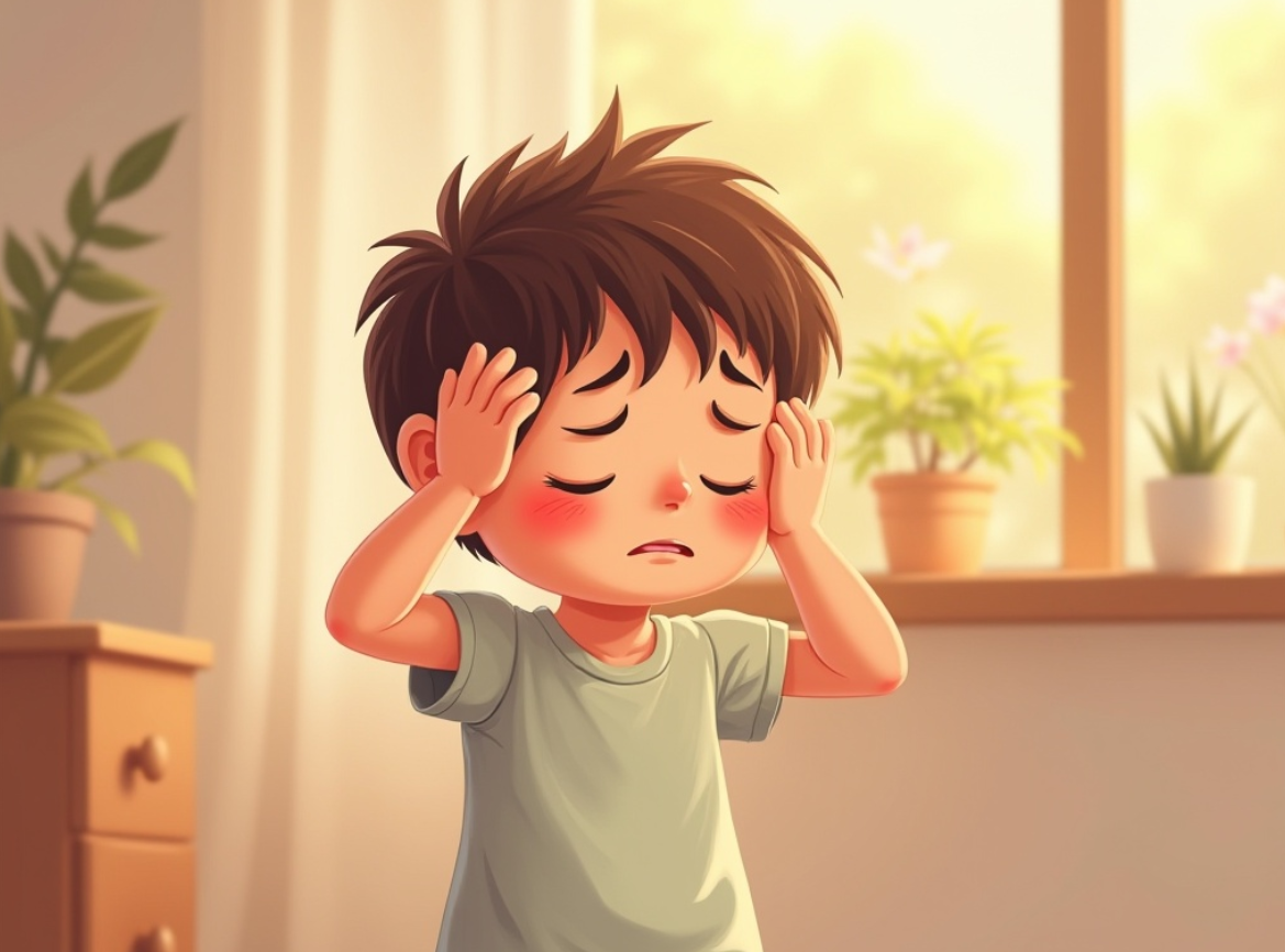 어린이가 두통으로 힘들어 하는 모습