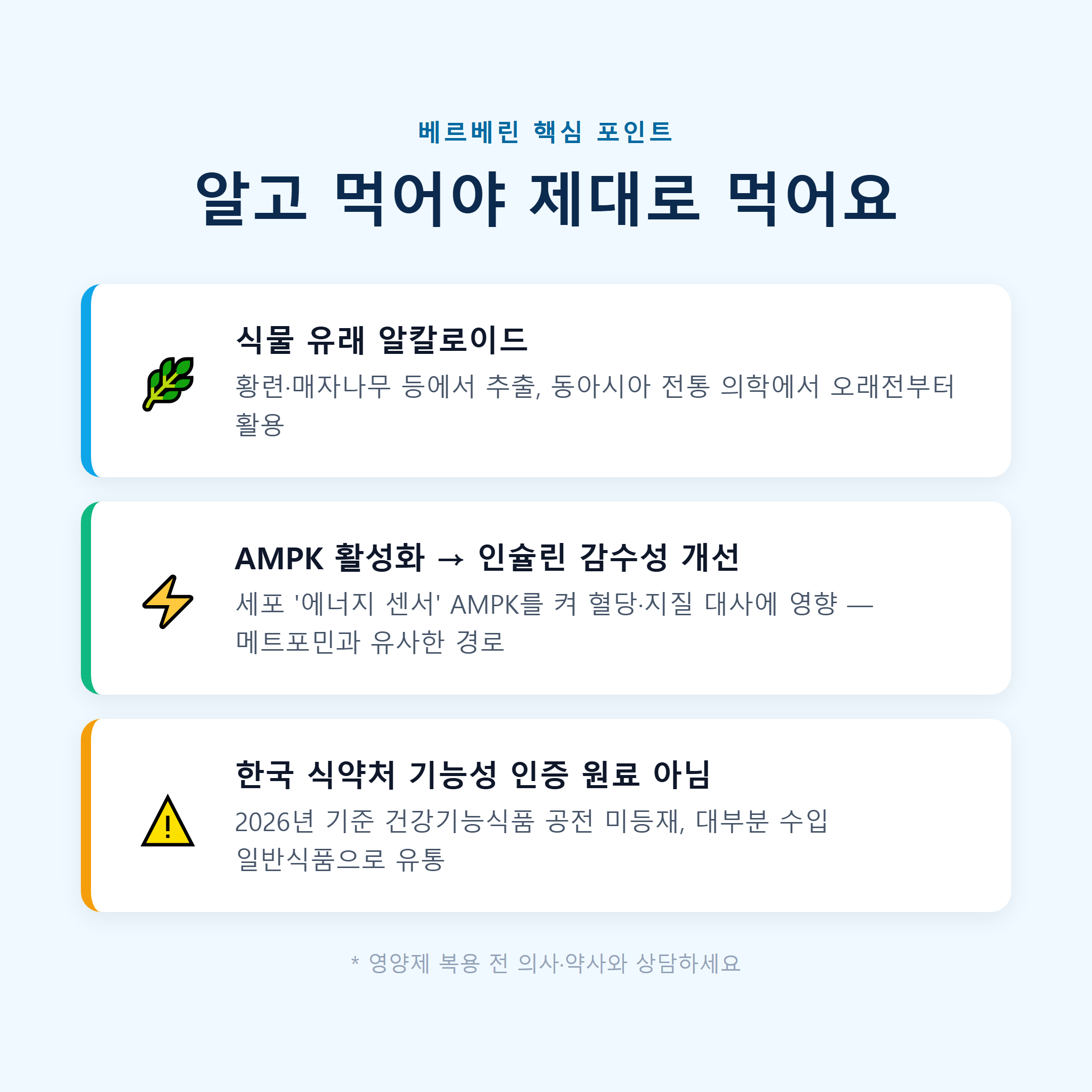 베르베린 핵심 포인트 &mdash; 식물 유래 성분, AMPK 활성화 작용 원리, 한국 식약처 기능성 인증 미등재 요약