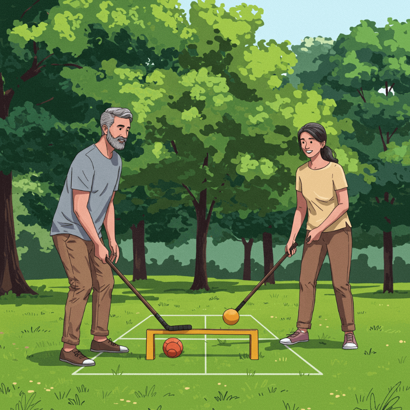게이트볼을 즐기는 남자와 여자