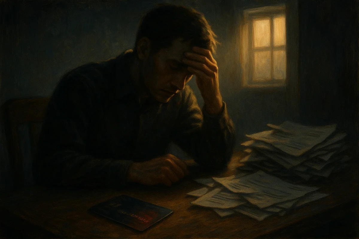 빚과 서류 더미에 지친 남성이 어두운 방에 앉아 있는 모습