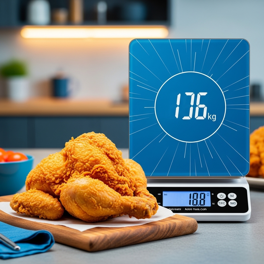 접시 위에 놓인 황금빛 바삭한 치킨과 그 옆에 정확한 중량을 표시하는 디지털 저울. 치킨 중량 표기 투명성을 강조하는 이미지.