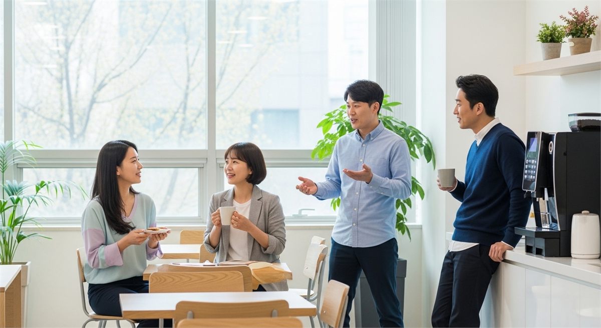 사무실 휴게 공간에서 가볍게 대화하는 동료들의 모습