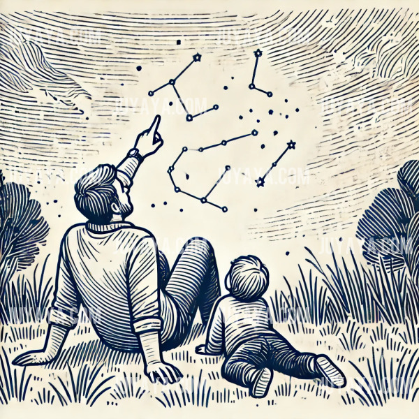 밤하늘을 바라보며 잔디밭에 누워 별자리를 가리키는 아빠와 이를 신기하게 보는 아이, 별과 나무가 배경인 스케치 스타일.