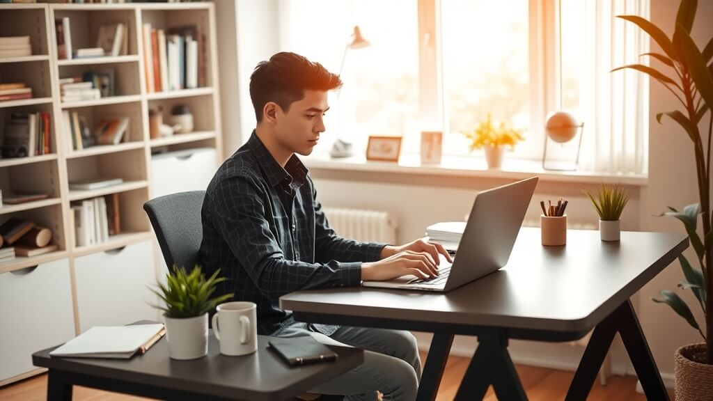 집에서 편안한 차림으로 노트북을 이용해 재택근무를 하거나 화상 회의에 참여하는 직장인의 모습. 유연한 업무 환경을 상징한다