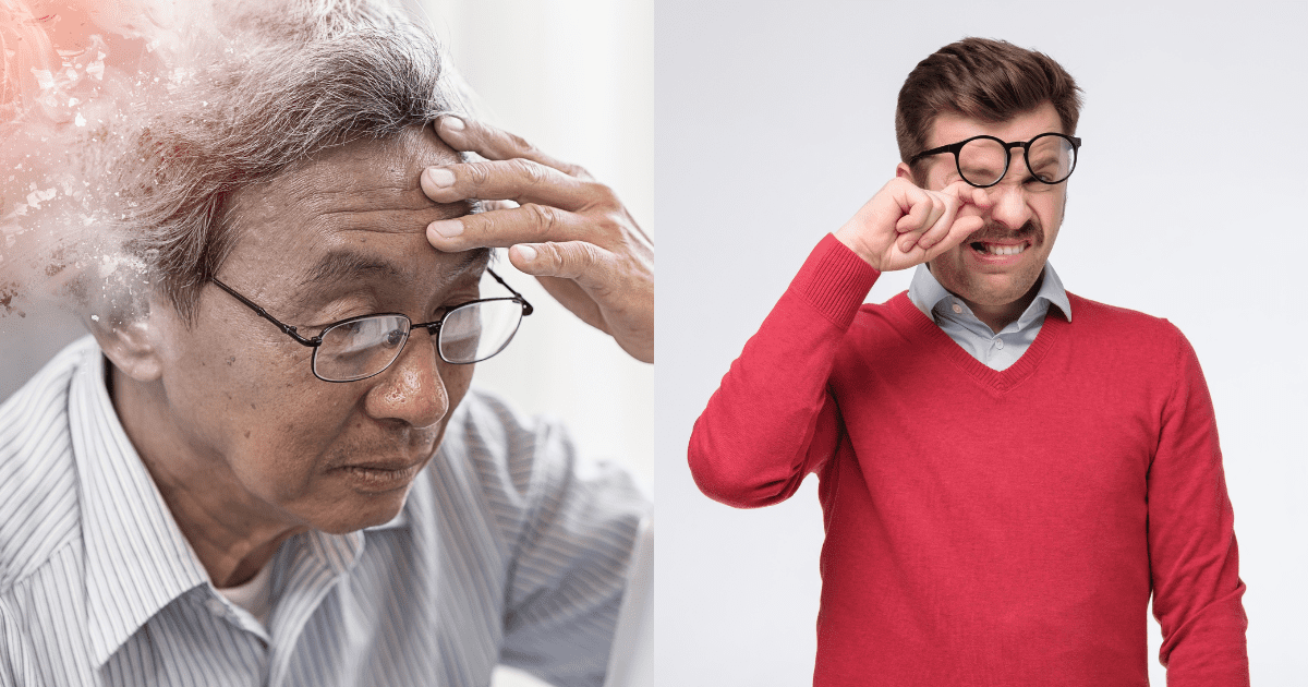노화된 남성이 머리를 짚고있고 눈이 보이지 않아 찡그리고 있는 남성