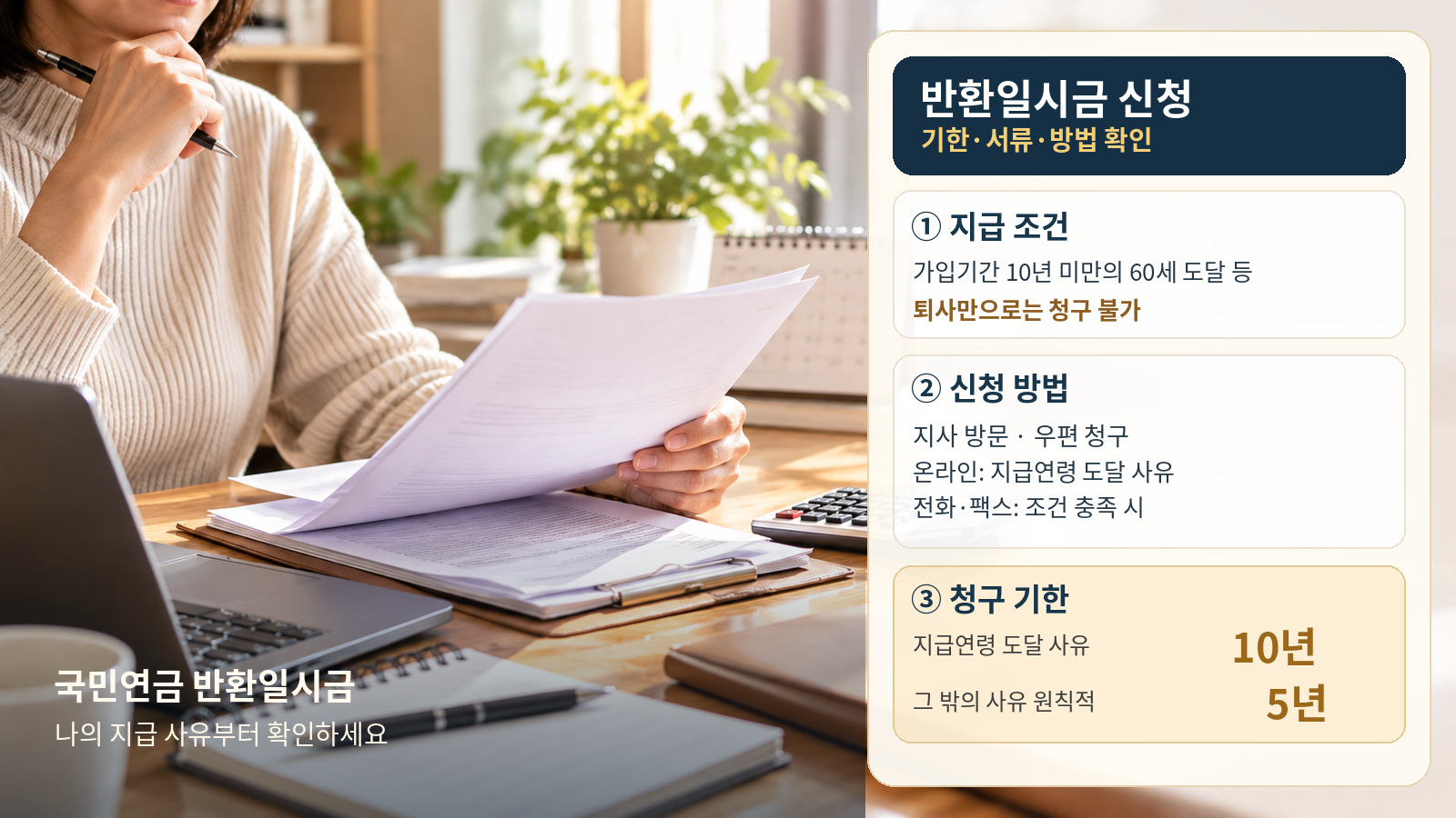 서류와 계산기가 놓인 책상 실사 사진 옆에 반환일시금 지급 조건과 신청 방법, 5년&middot;10년 청구 기한을 정리한 실사형 인포그래픽