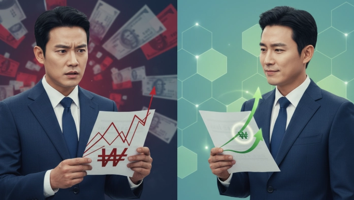 IRP 중도해지 시의 높은 세금 부담과 올바른 인출 방법을 통해 재정을 관리하는 한국인의 상반된 모습.