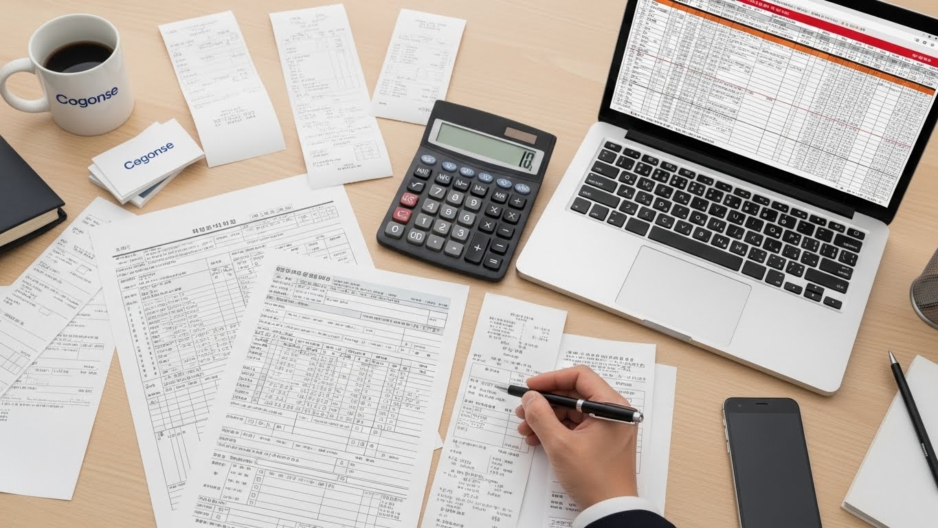 연말정산 시즌에 영수증과 서류, 계산기로 가득 찬 한국 직장인의 바쁜 책상 모습