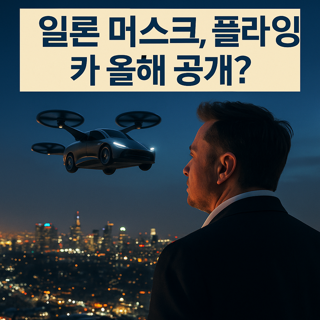 “날아다니는 자동차와 함께 하늘을 나는 미래 모빌리티, 테슬라 로고, 일론 머스크 발표 시각화”