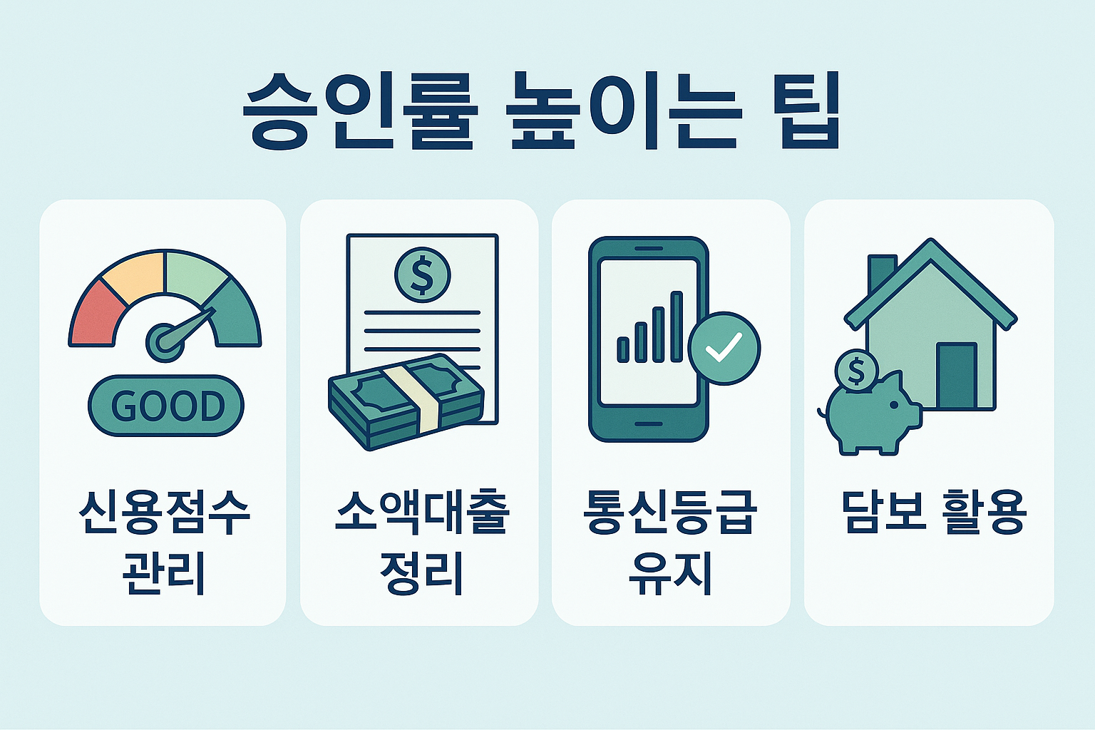 신용점수 관리, 소액대출 정리, 통신등급 유지, 담보 활용 등 무직자 대출 승인률을 효과적으로 높이는 핵심 전략 4가지를 플랫 아이콘과 함께 시각화한 인포그래픽입니다.