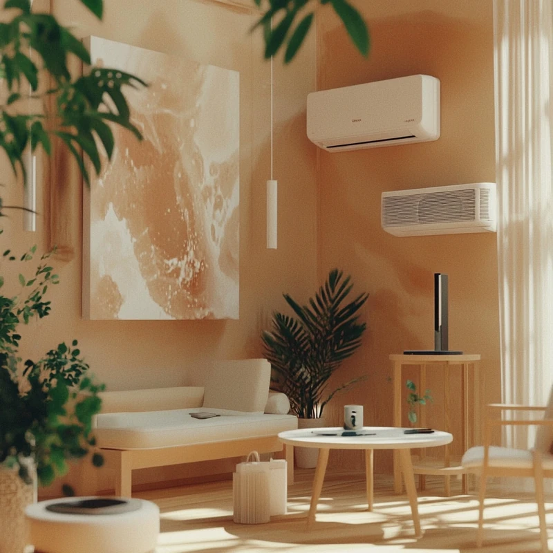 에코 프렌들리한 미니멀리스트 스튜디오에서 최신형 무풍 에어컨의 스마트 제어와 환경 보호 특성을 중심으로 조화를 이루며 공간 속 효율성이 잘 드러나 있습니다.