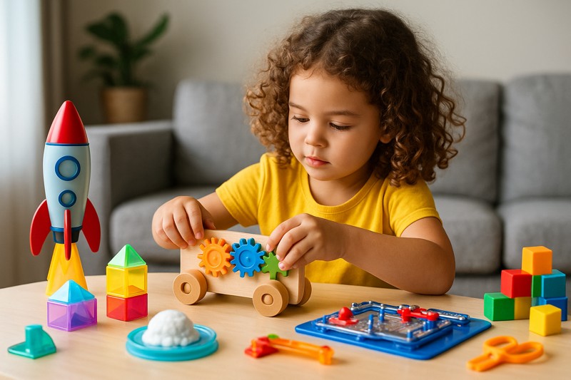 노란색 티셔츠를 입은 어린아이가 책상 위에서 기어 블록 장난감을 조립하며 STEM 놀이를 하고 있는 모습. 테이블에는 로켓 장난감, 도형 블록, 회로판, 가위 등 다양한 과학&middot;기술 관련 교구들이 놓여 있다