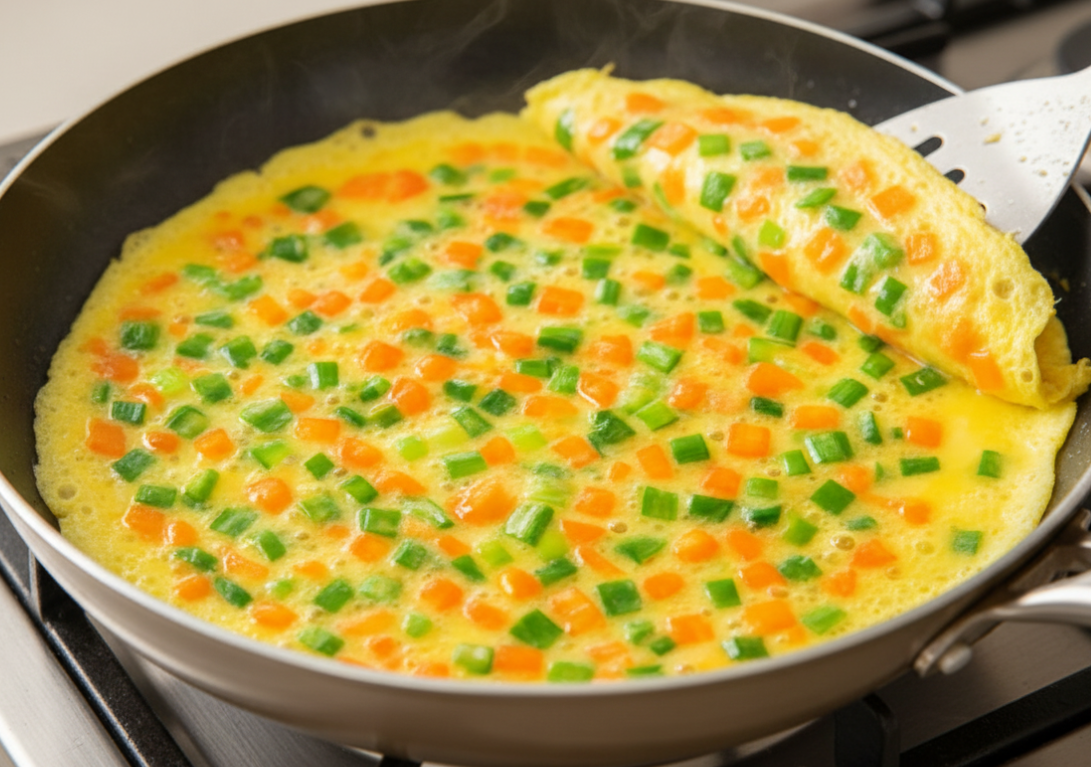 얇게 펴진 계란물이 살짝 익었을 때 뒤집개로 조심스럽게 끝을 접어 올리는 모습