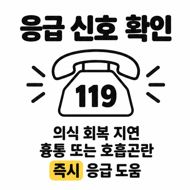 119가 표시된 전화기와 의식 회복 지연, 흉통 또는 호흡곤란 시 즉시 응급 도움을 안내하는 그림
