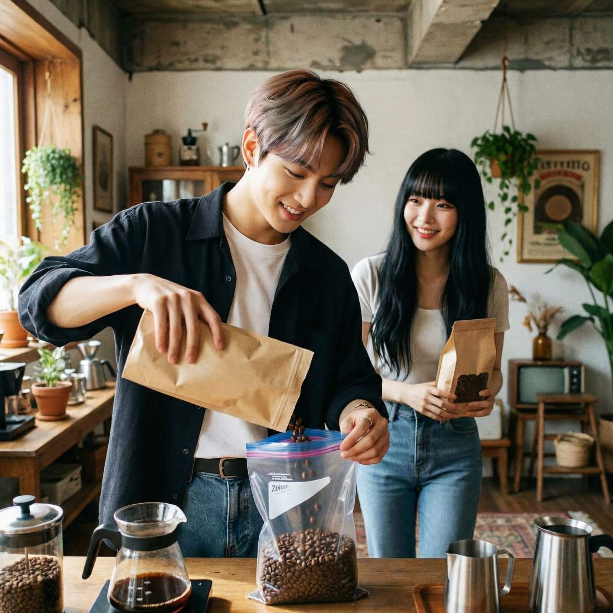 원두를 지퍼백에 옮겨담고있는 남녀
