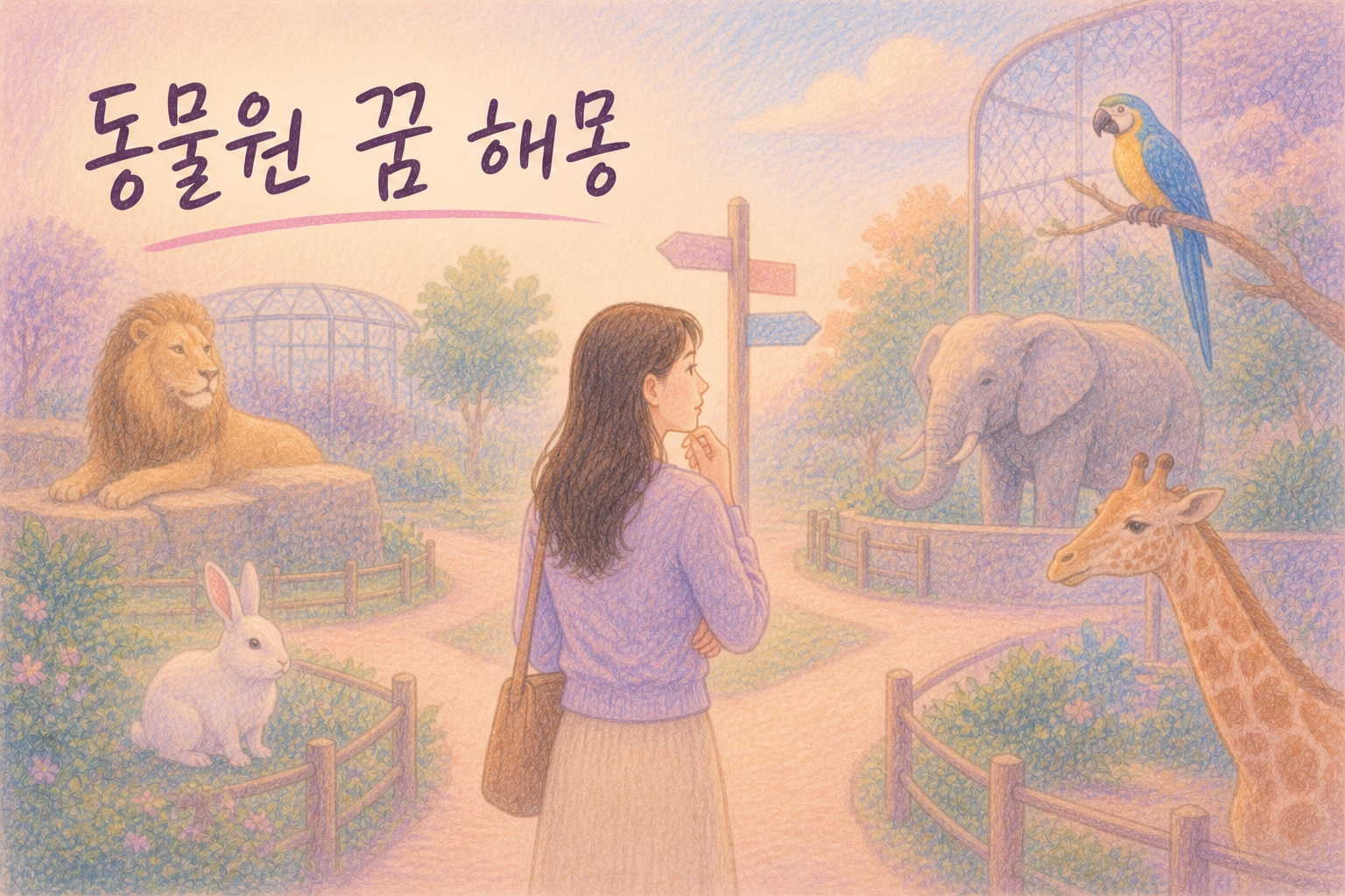 동물들 사이에서 선택을 고민하는 동물원 꿈 일러스트