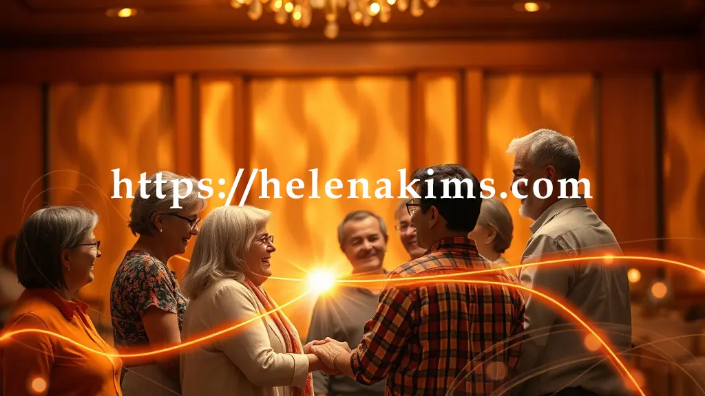 밝은 활기찬 분위기 속에, 다양한 연령대의 사람들이 원형으로 모여 서로 웃으며 대화하고 손을 마주 잡는 모습.