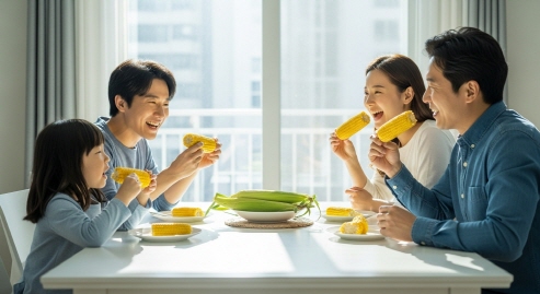 가족과 함께 초당옥수수를 나눠먹으며 웃고 있는 모습