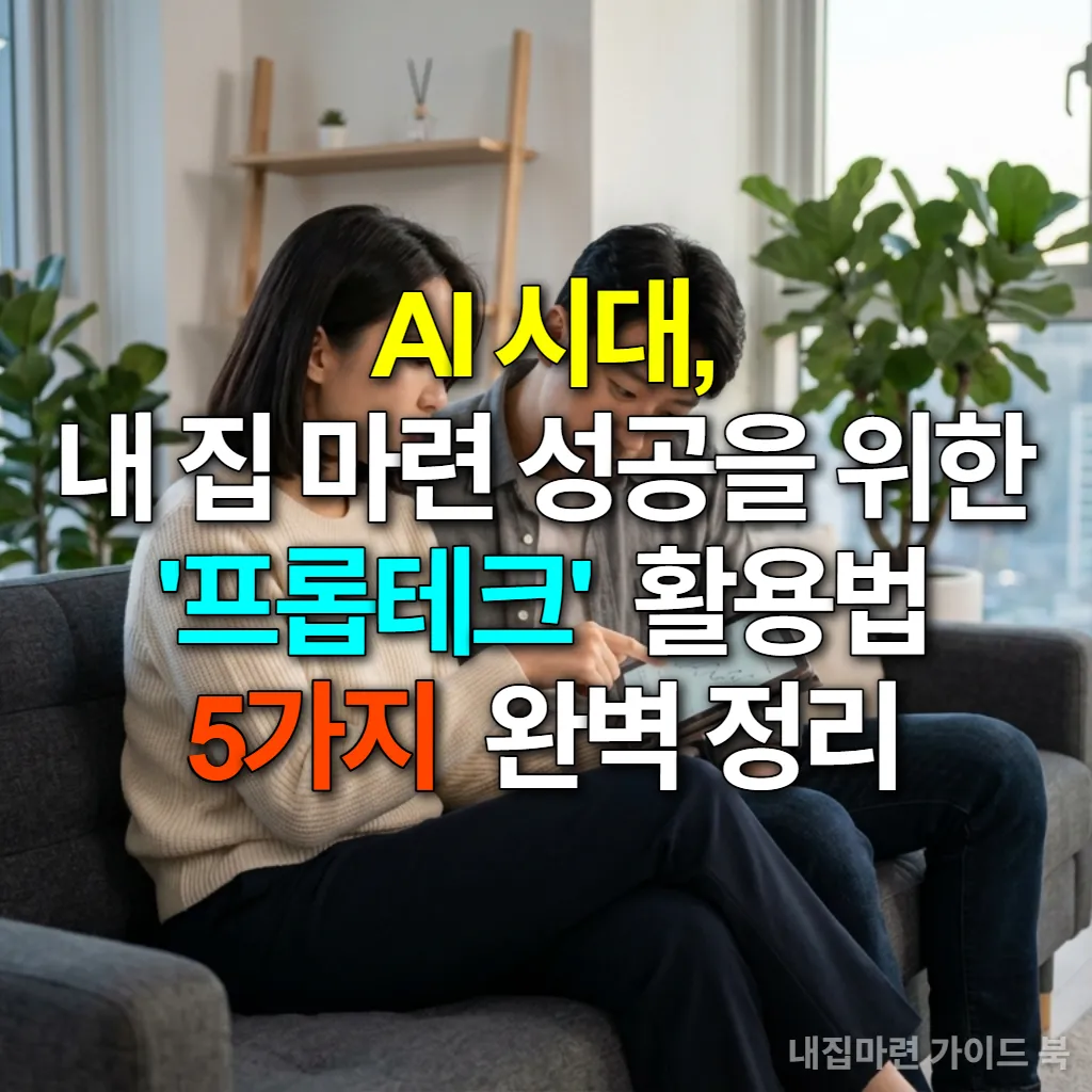 AI 시대, 프롭테크 앱을 활용하여 내 집 마련을 논의하는 젊은 한국인 부부의 모습