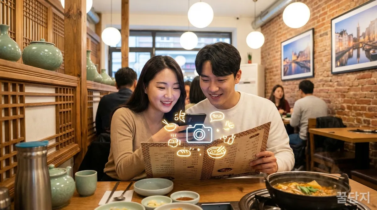 해외 식당에서 카메라 번역 기능으로 메뉴를 보는 한국인 커플