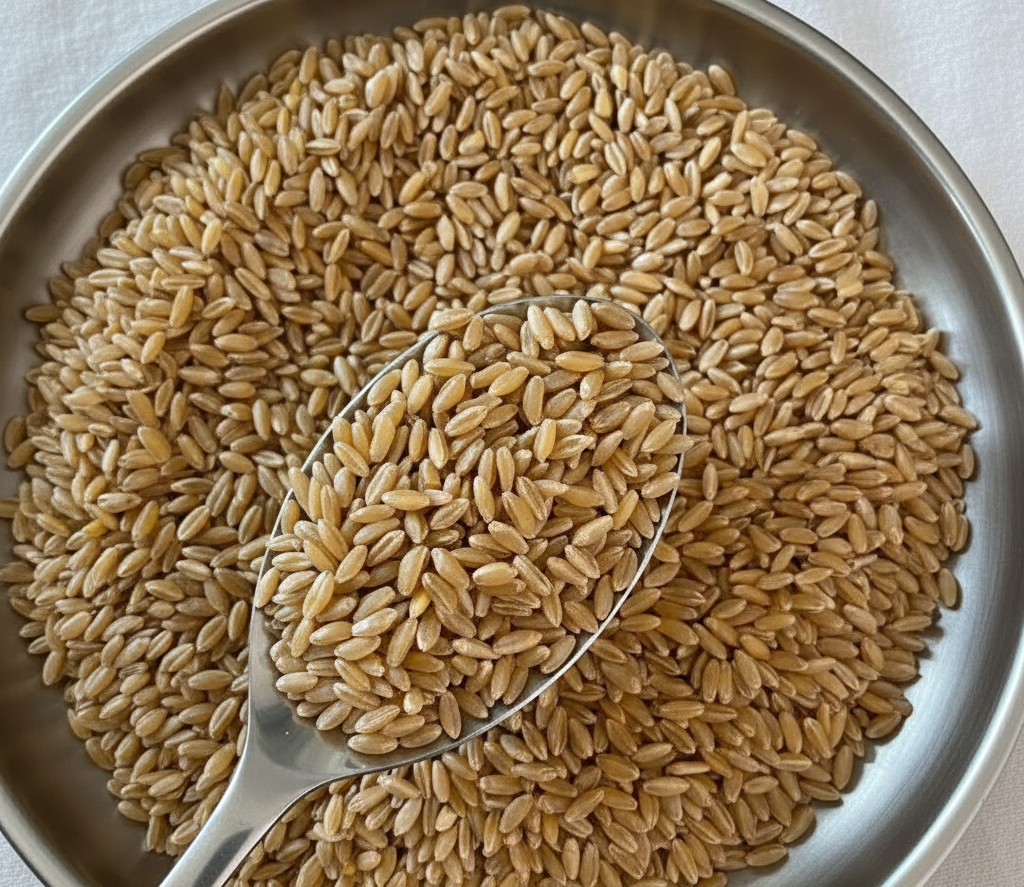 황금빛을 띠며 알갱이가 크고 단단해 보이는 영양 가득한 고대곡물 카무트의 모습.