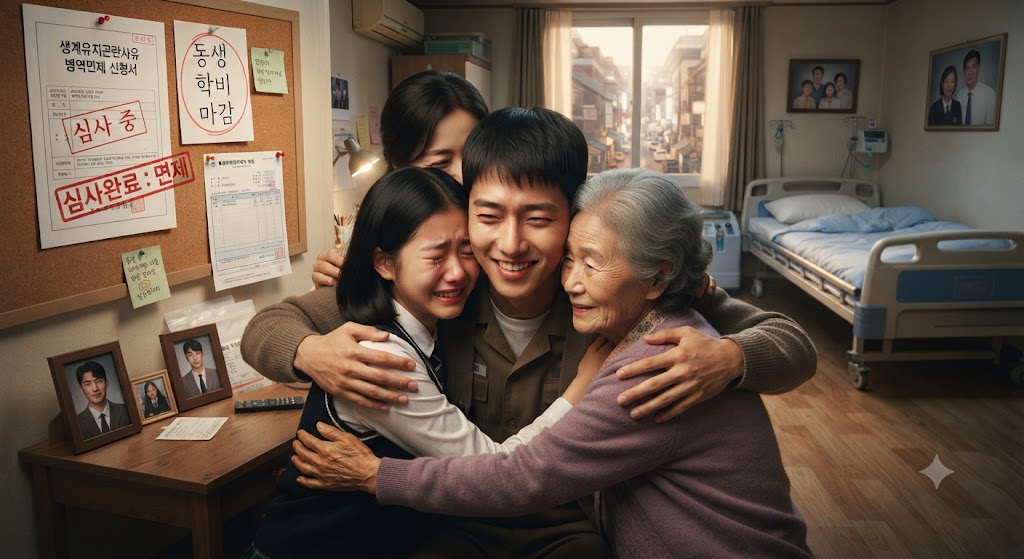 병역면제받은 청년이 가족들과 안고 있는 모습