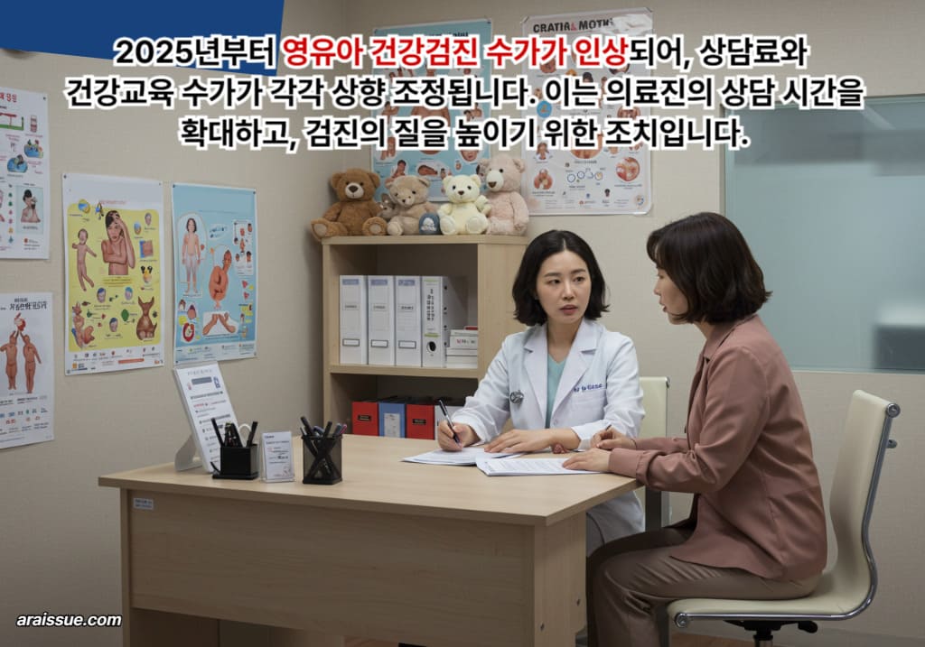 소아과 진료실에서 의사와 상담 중인 한국인 엄마와 벽에 걸린 건강 교육 포스터가 보이는 사실적인 장면