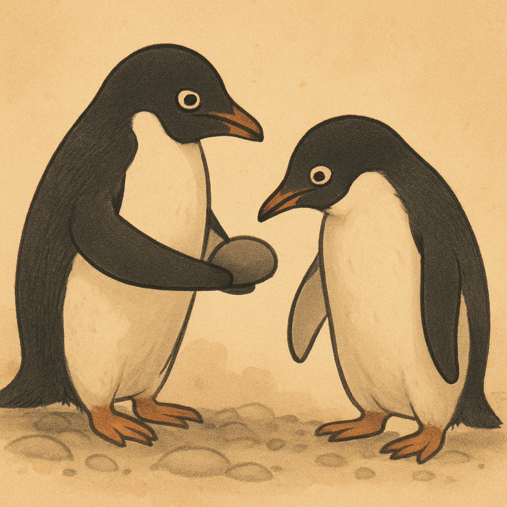 펭귄이 조약돌을 건네는 모습