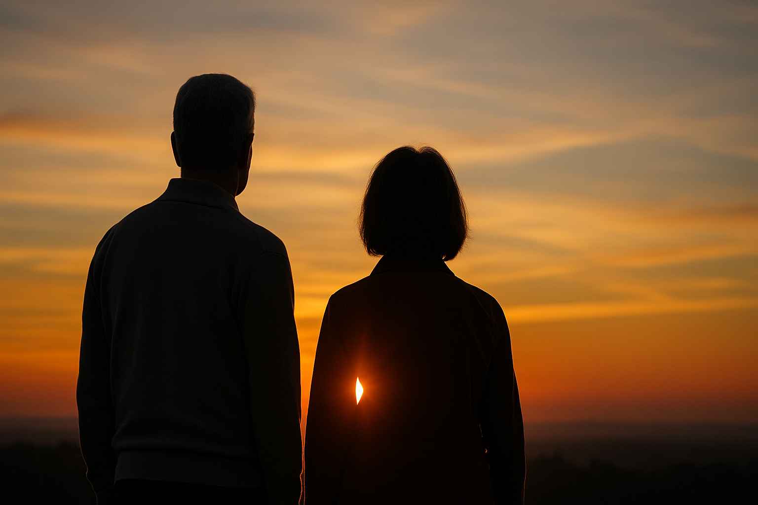 노을을 바라보는 중년 부부의 실루엣, 새로운 시작을 상징하는 따뜻한 장면