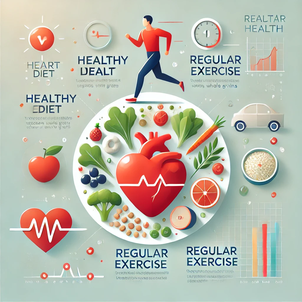 심장 건강을 위한 균형 잡힌 식단과 운동 루틴을 나타내는 인포그래픽