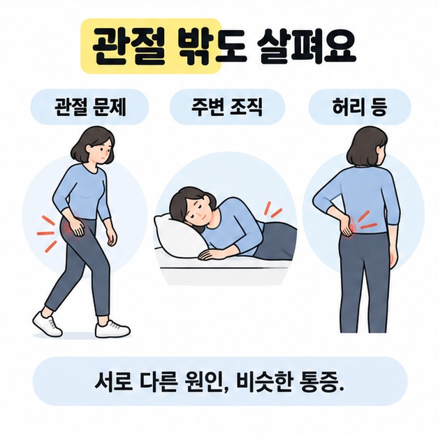 걷기, 옆으로 눕기, 허리 주변 불편의 세 장면으로 관절과 주변 조직, 허리 등 원인을 살필 범위를 보여 주는 그림