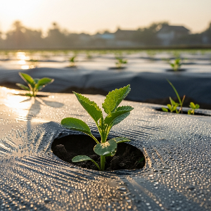햇살 속 비닐멀칭 위 새싹