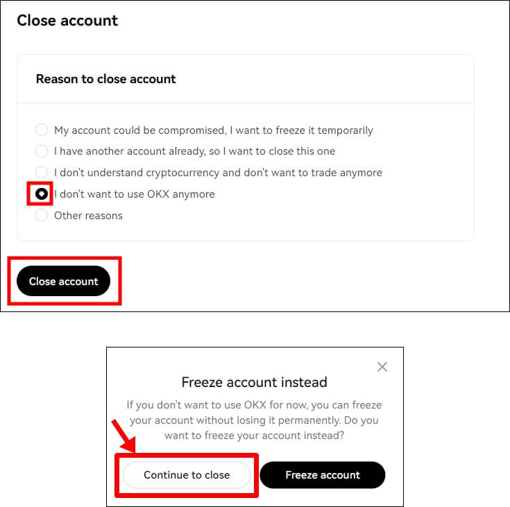 계정삭제 사유 선택과, 동결 권유 메시지