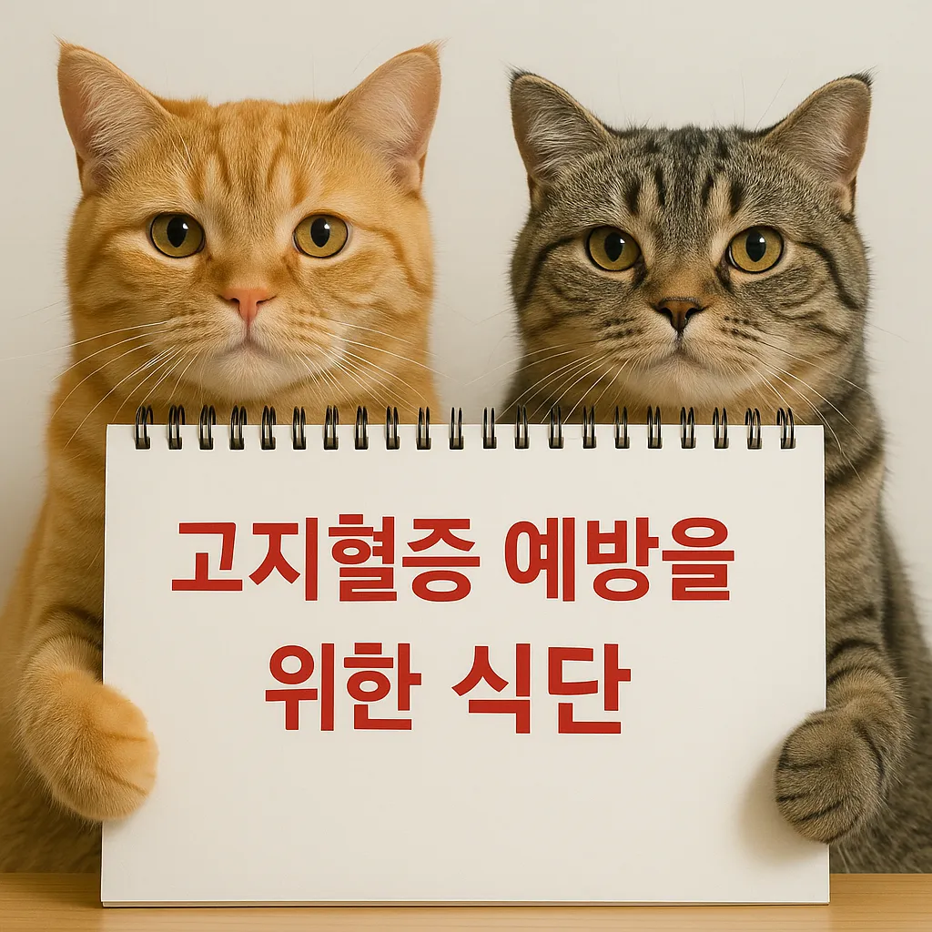 두 마리 고양이가 "고지혈증 예방을 위한 식단"이라는 빨간 글씨가 적힌 스케치북을 들고 있는 모습.