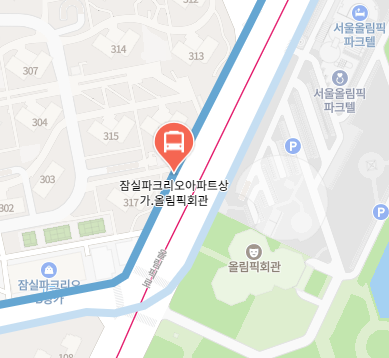 잠실파크리오아파트상가.올림픽회관에서 인천공항 리무진 공항버스(6200번) 지도 위치