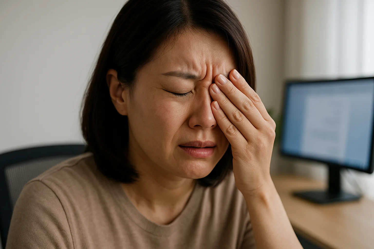 왼쪽 눈을 감싸며 통증을 호소하는 여성