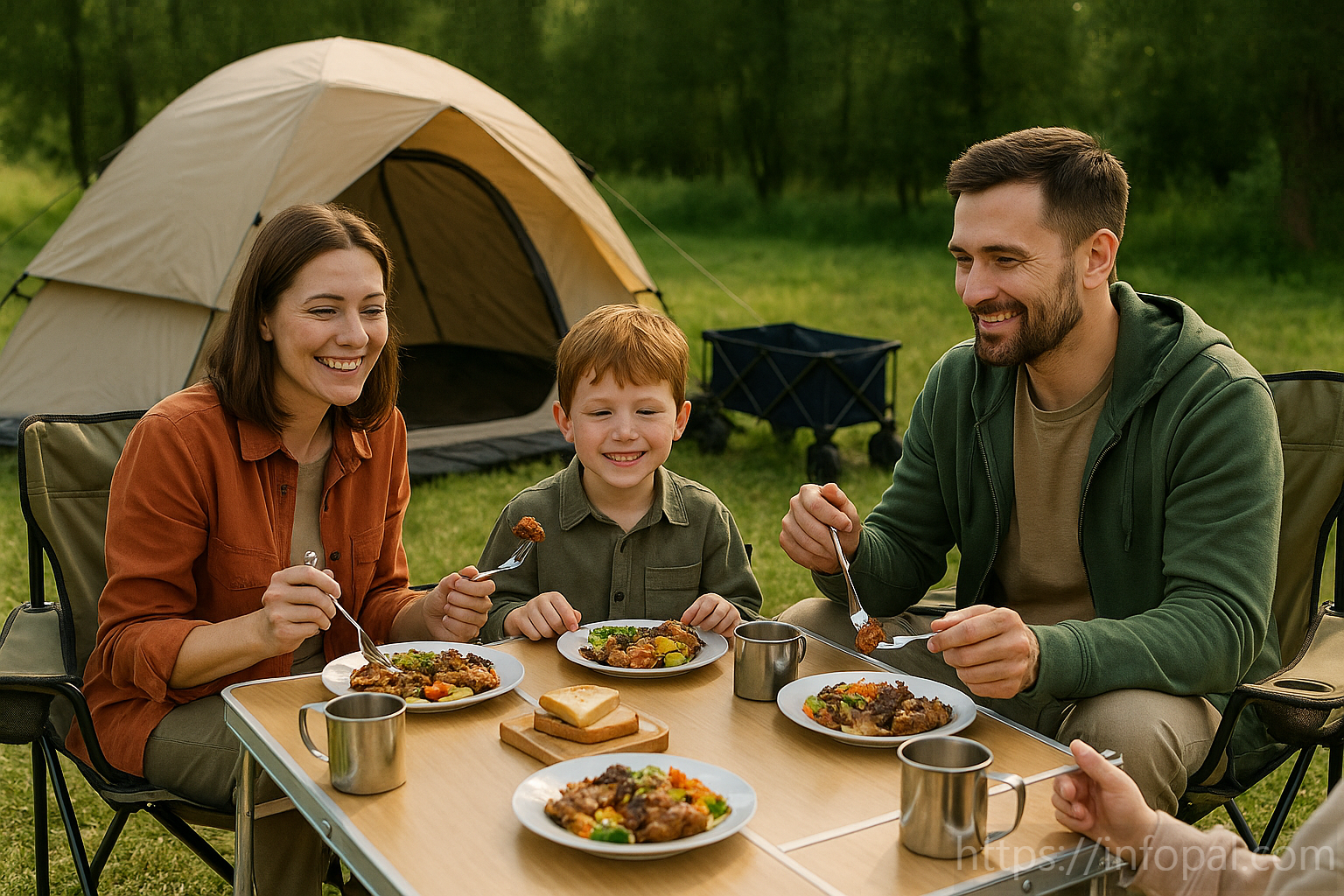 캠핑장에서 즐겁게 식사하는 이미지