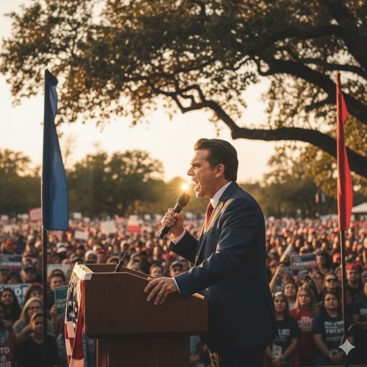 정치인이 청중들 앞에서 연설하는 장면